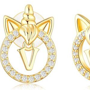 Gold Plated Unicorn Earrings, Letter V Initial, Cubic Zirconia, NEW